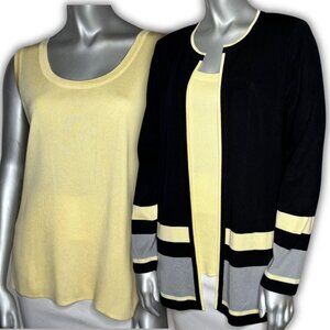 Exclusively Misook 2 Pc Knit Set Cardigan Tank Black Yellow Gray Colorblocked S